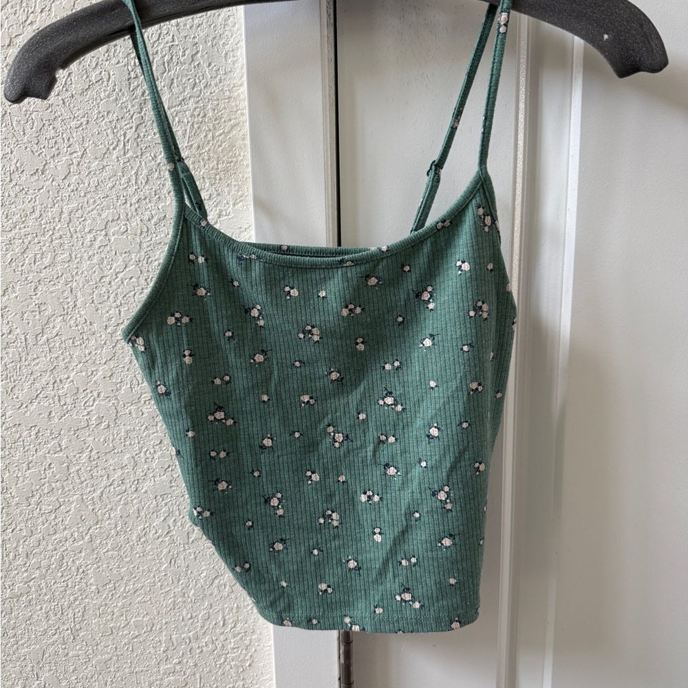 American Eagle Green Floral Crop Tank Top Size S Adjustable Straps Green AEO - Picture 4 of 5